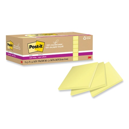 100% Recycled Paper Super Sticky Notes, 3 X 3, Canary Yelow, 70 Sheets/Pad, 12PK